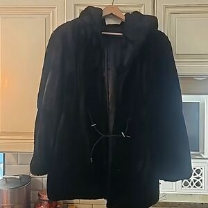 Black Sheared Beaver Hooded Faux Fur Anorak Coat size medium